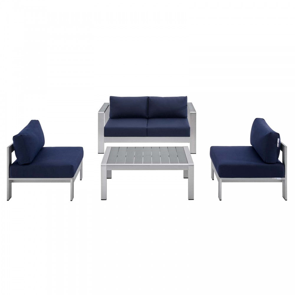 Shore Sunbrella Fabric Outdoor Patio Aluminum 4 Piece Set, Silver Navy, EEI-4315-SLV-NAV-SET