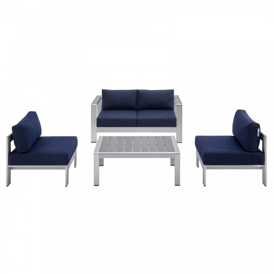 Shore Sunbrella Fabric Outdoor Patio Aluminum 4 Piece Set, Silver Navy, EEI-4315-SLV-NAV-SET