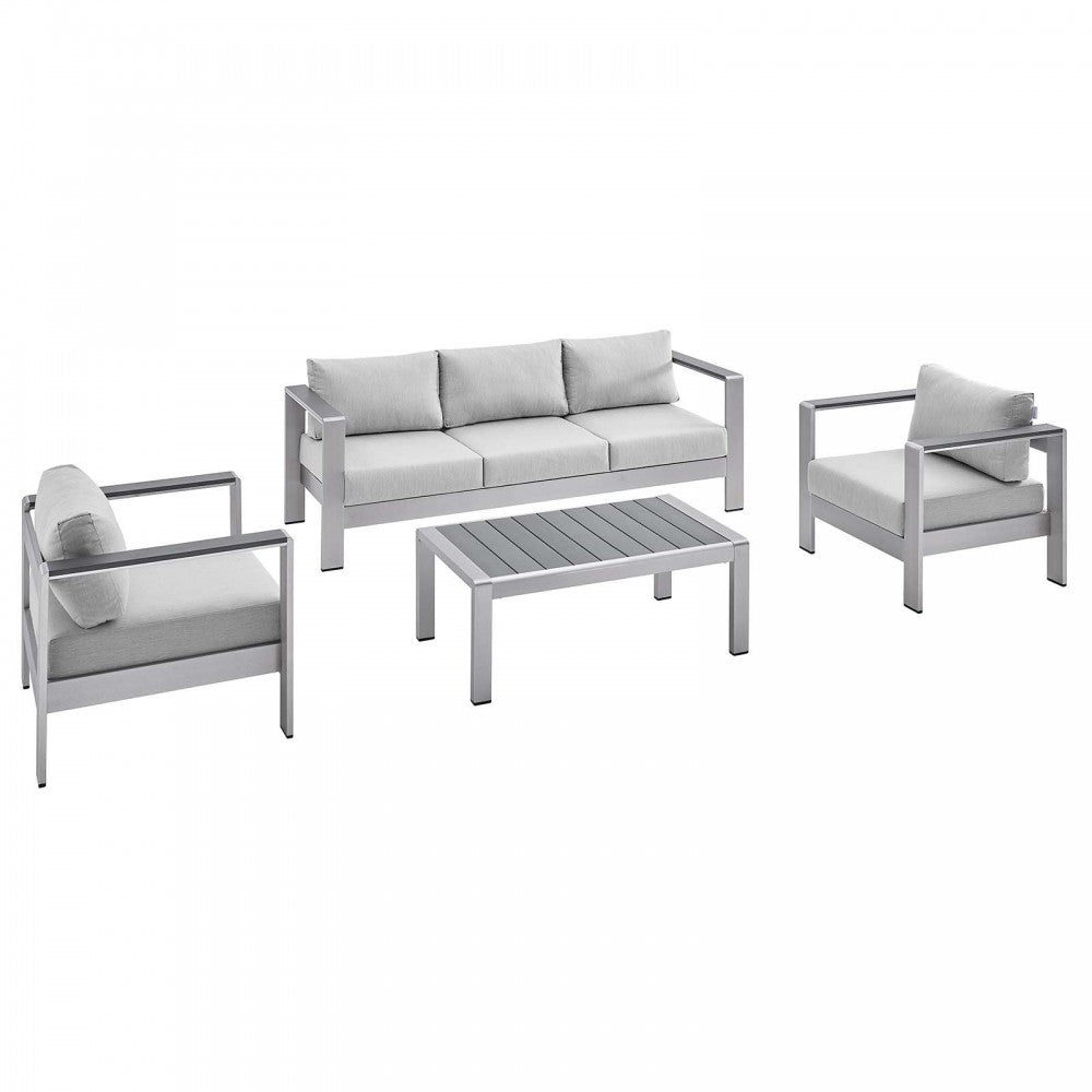 Shore Sunbrella Fabric Outdoor Patio Aluminum 4 Piece Set, Silver Gray, EEI-4316-SLV-GRY-SET