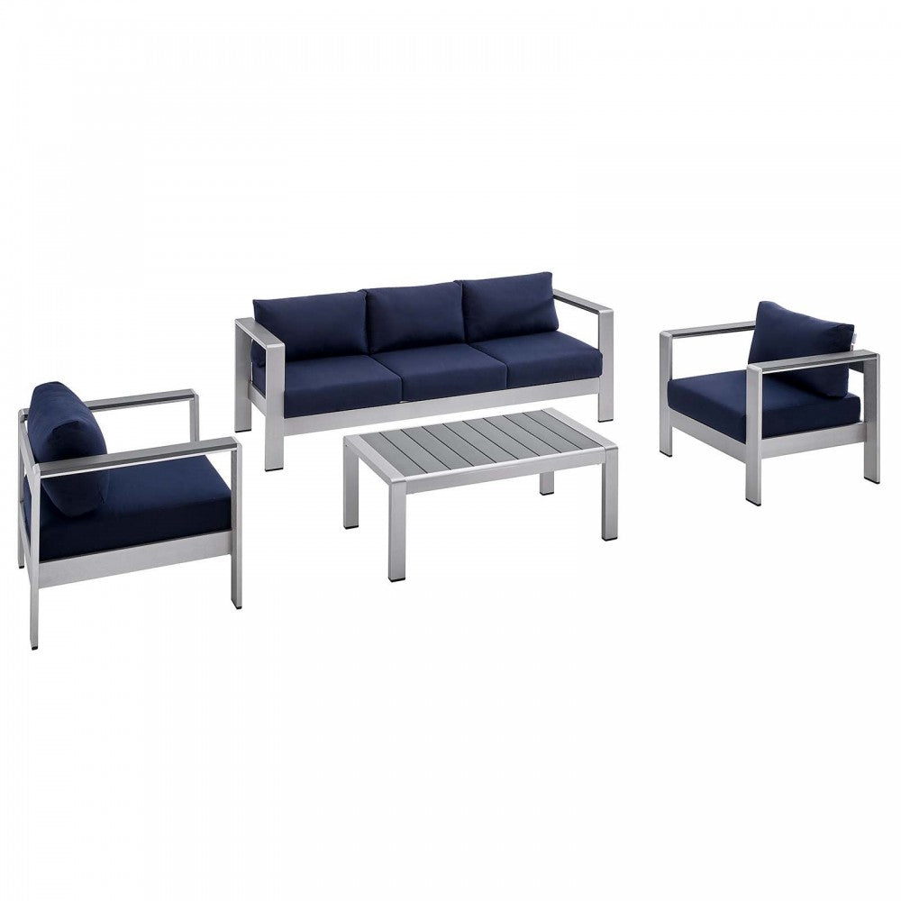 Shore Sunbrella Fabric Outdoor Patio Aluminum 4 Piece Set, Silver Navy, EEI-4316-SLV-NAV-SET