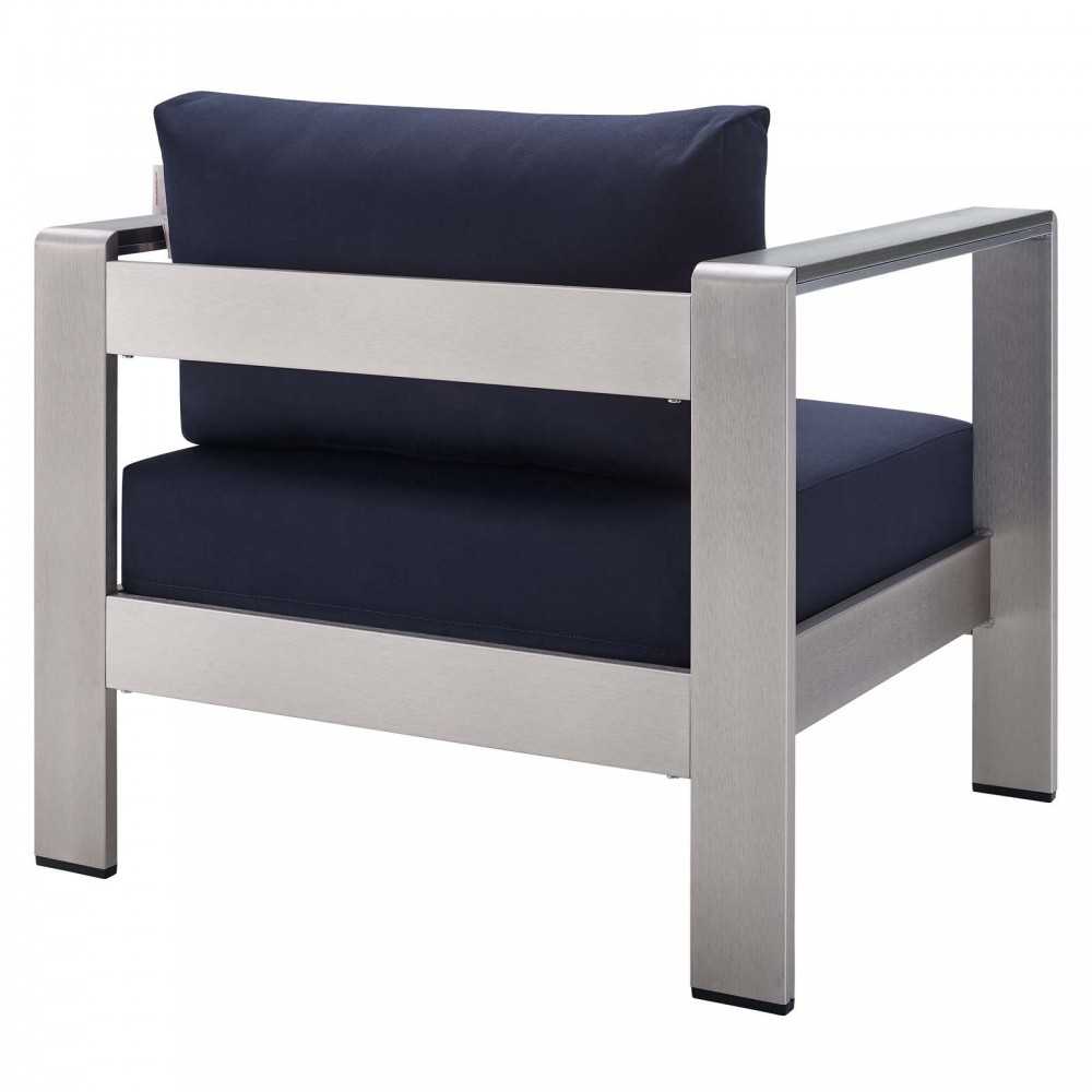 Shore Sunbrella Fabric Outdoor Patio Aluminum 4 Piece Set, Silver Navy, EEI-4316-SLV-NAV-SET