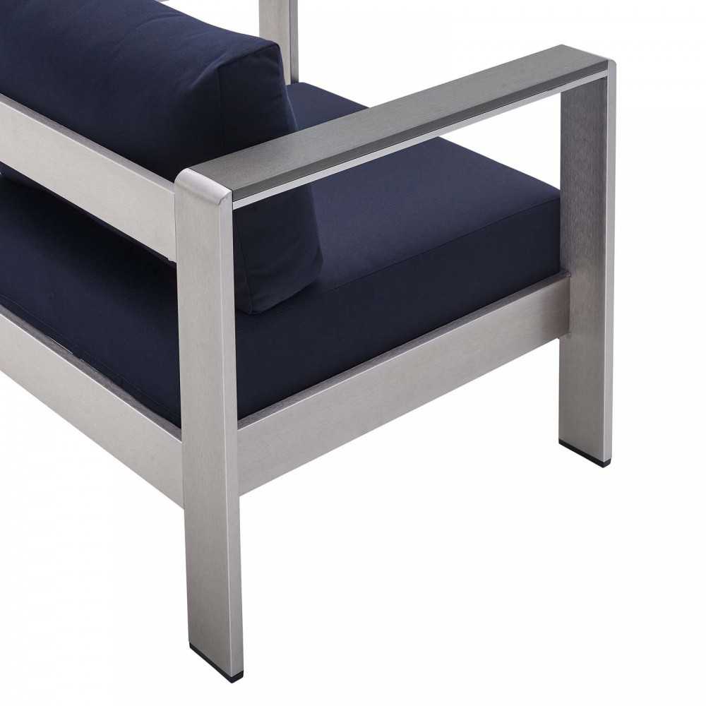 Shore Sunbrella Fabric Outdoor Patio Aluminum 4 Piece Set, Silver Navy, EEI-4316-SLV-NAV-SET