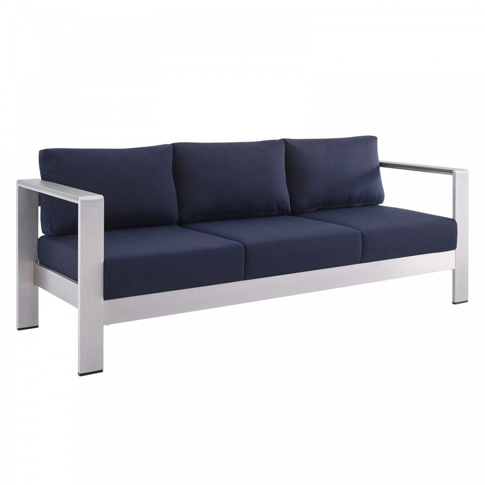 Shore Sunbrella Fabric Outdoor Patio Aluminum 4 Piece Set, Silver Navy, EEI-4316-SLV-NAV-SET