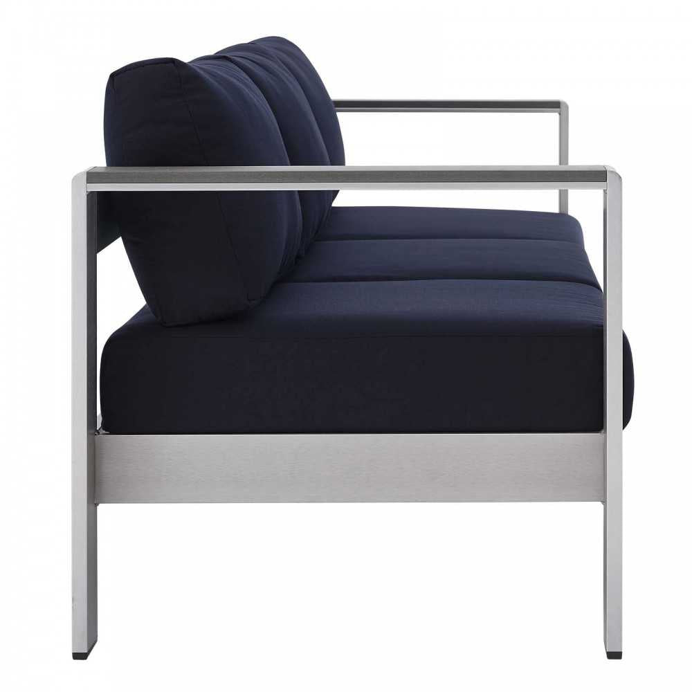 Shore Sunbrella Fabric Outdoor Patio Aluminum 4 Piece Set, Silver Navy, EEI-4316-SLV-NAV-SET