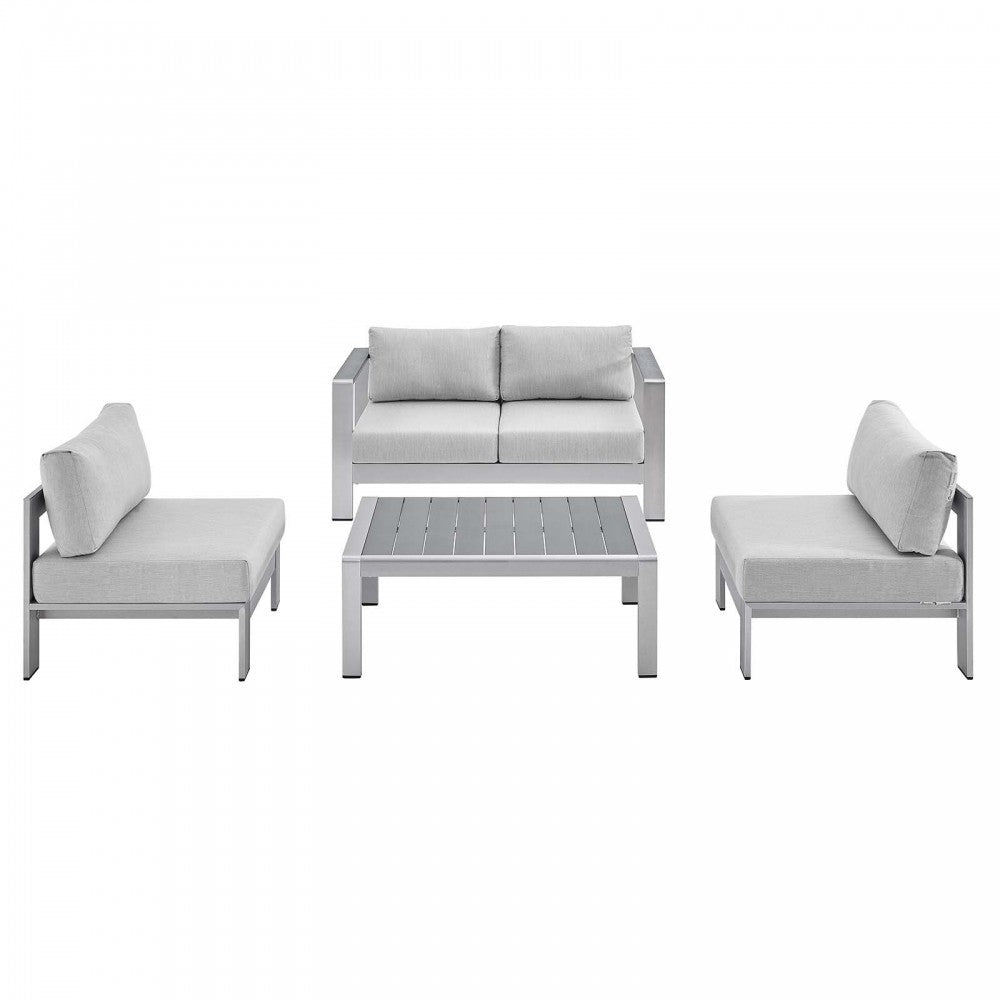 Shore Sunbrella Fabric Outdoor Patio Aluminum 4 Piece Set, Silver Gray, EEI-4315-SLV-GRY-SET