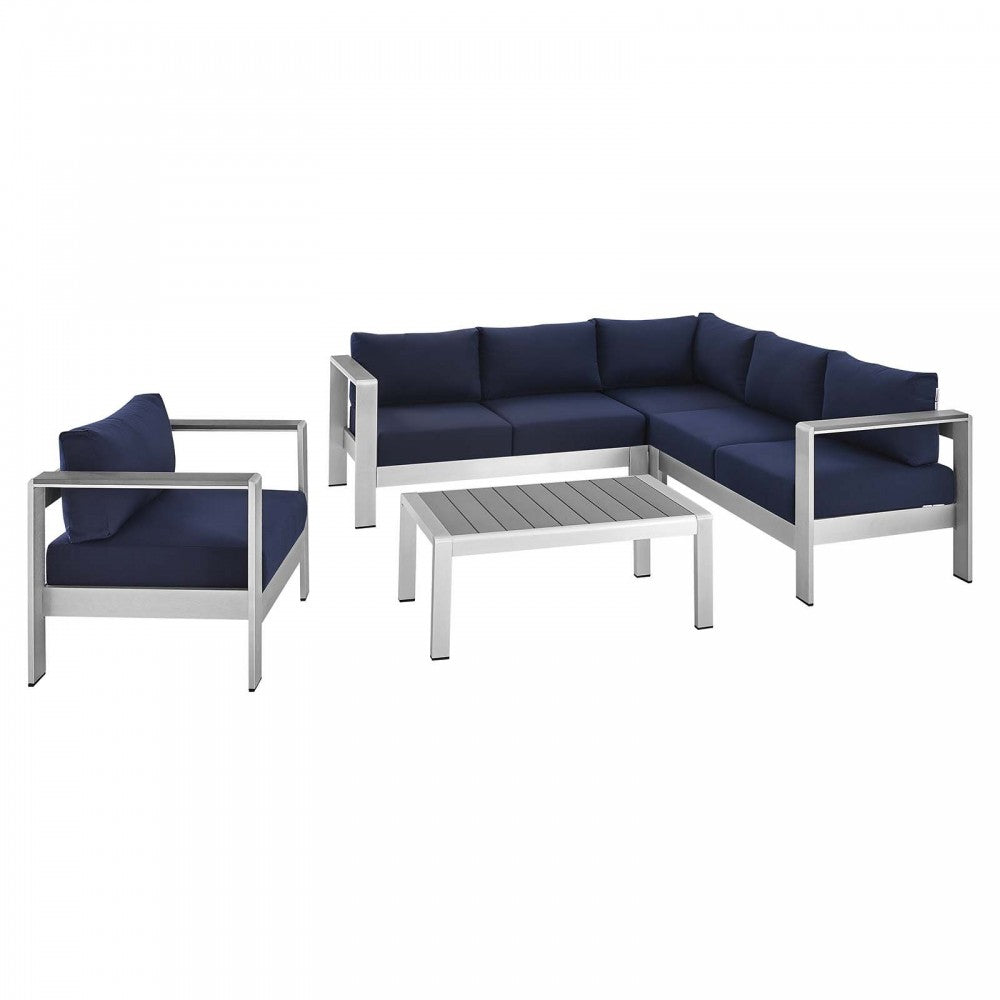 Shore Sunbrella Fabric Outdoor Patio Aluminum 5 Piece Sectional Sofa Set, Silver Navy, EEI-4317-SLV-NAV-SET