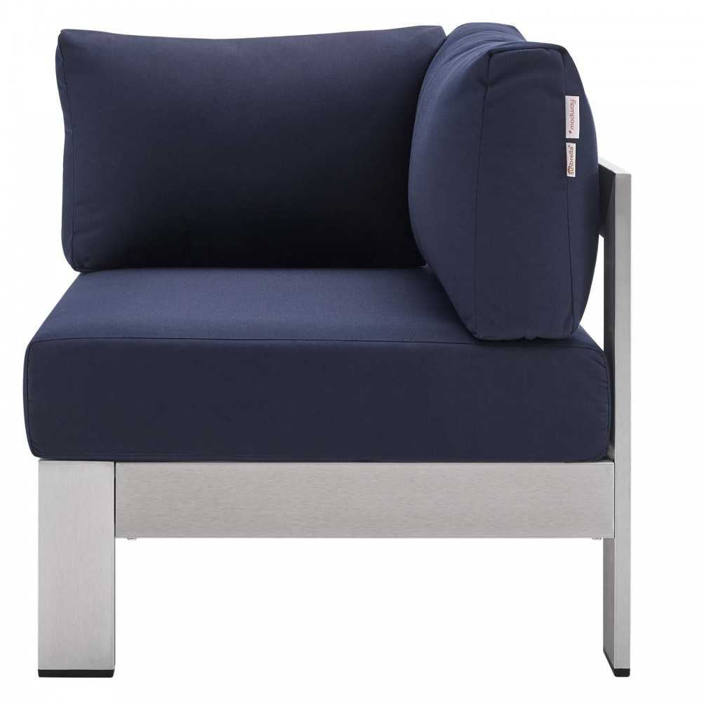 Shore Sunbrella Fabric Outdoor Patio Aluminum 5 Piece Sectional Sofa Set, Silver Navy, EEI-4317-SLV-NAV-SET