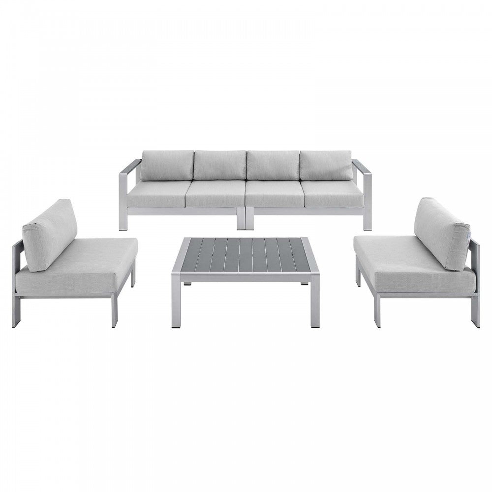 Shore Sunbrella Fabric Outdoor Patio Aluminum 5 Piece Sectional Sofa Set, Silver Gray, EEI-4318-SLV-GRY-SET