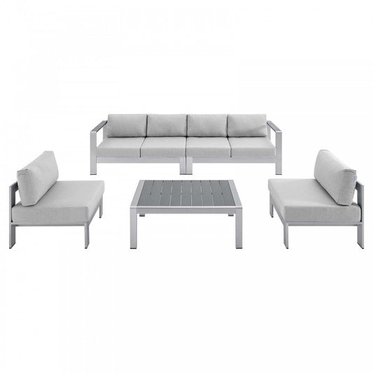 Shore Sunbrella Fabric Outdoor Patio Aluminum 5 Piece Sectional Sofa Set, Silver Gray, EEI-4318-SLV-GRY-SET