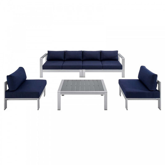 Shore Sunbrella Fabric Outdoor Patio Aluminum 5 Piece Sectional Sofa Set, Silver Navy, EEI-4318-SLV-NAV-SET
