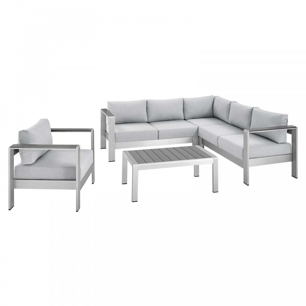 Shore Sunbrella Fabric Outdoor Patio Aluminum 5 Piece Sectional Sofa Set, Silver Gray, EEI-4317-SLV-GRY-SET