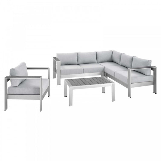 Shore Sunbrella Fabric Outdoor Patio Aluminum 5 Piece Sectional Sofa Set, Silver Gray, EEI-4317-SLV-GRY-SET