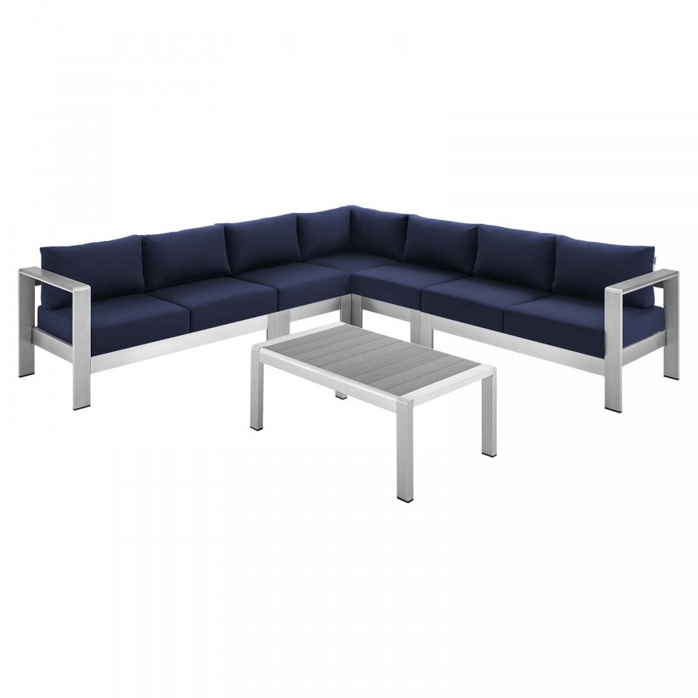 Shore Sunbrella Fabric Outdoor Patio Aluminum 6 Piece Sectional Sofa Set, Silver Navy