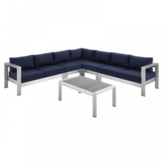 Shore Sunbrella Fabric Outdoor Patio Aluminum 6 Piece Sectional Sofa Set, Silver Navy