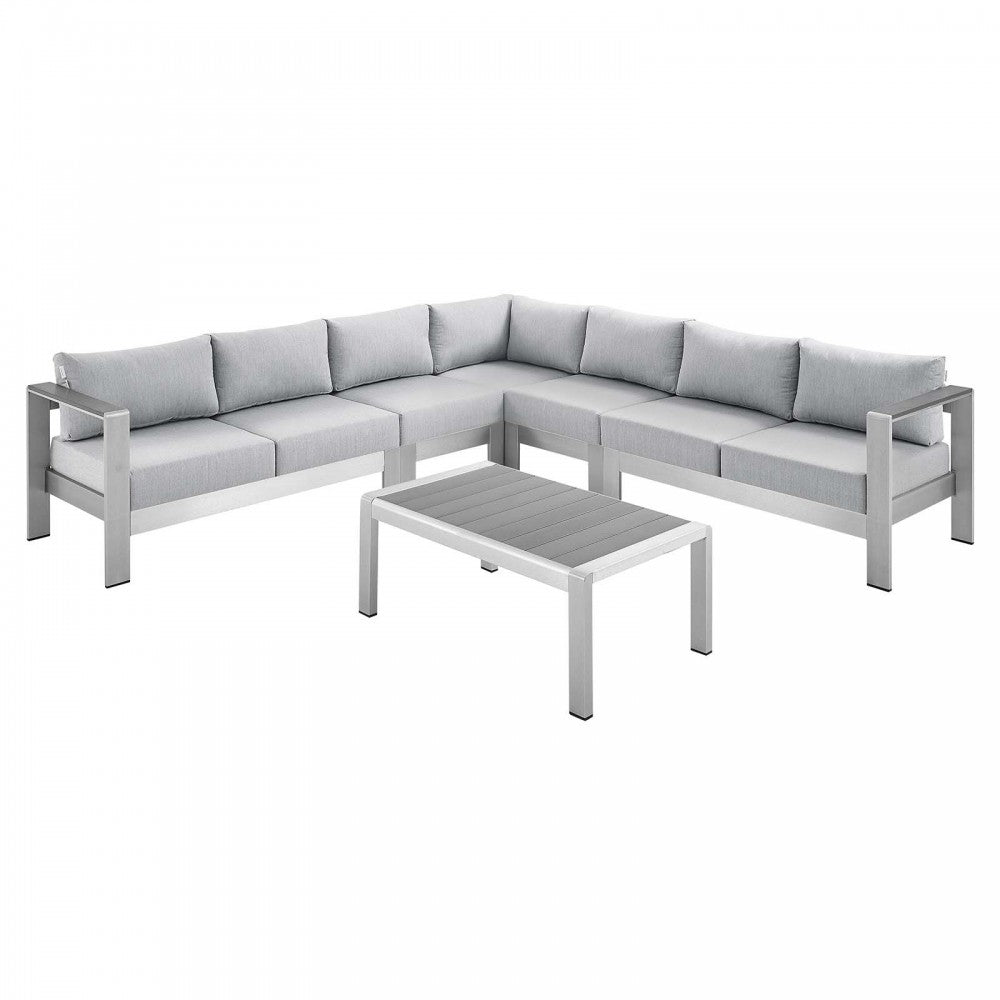 Shore Sunbrella Fabric Outdoor Patio Aluminum 6 Piece Sectional Sofa Set, Silver Gray