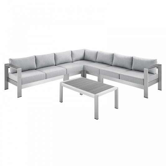 Shore Sunbrella Fabric Outdoor Patio Aluminum 6 Piece Sectional Sofa Set, Silver Gray