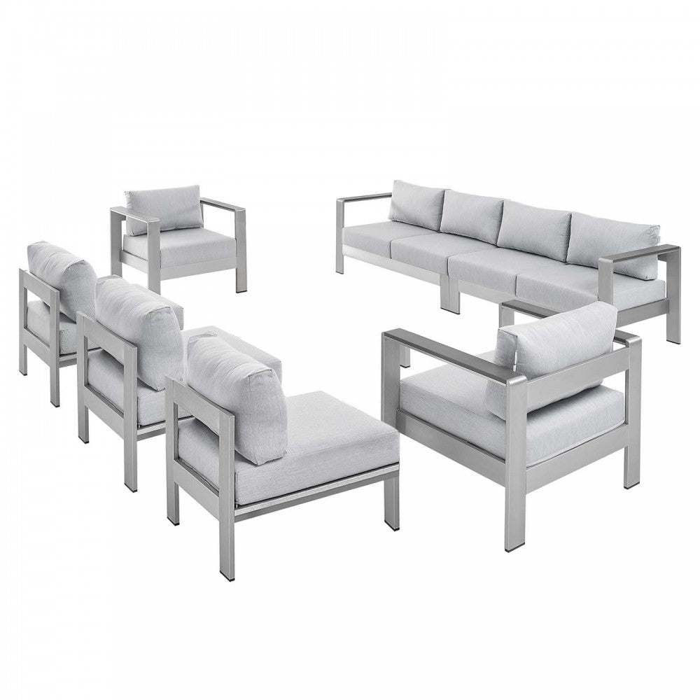 Shore Sunbrella Fabric Outdoor Patio Aluminum 7 Piece Sectional Sofa Set, Silver Gray