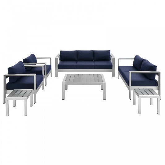 Shore Sunbrella Fabric Outdoor Patio Aluminum 7 Piece Set, Silver Navy