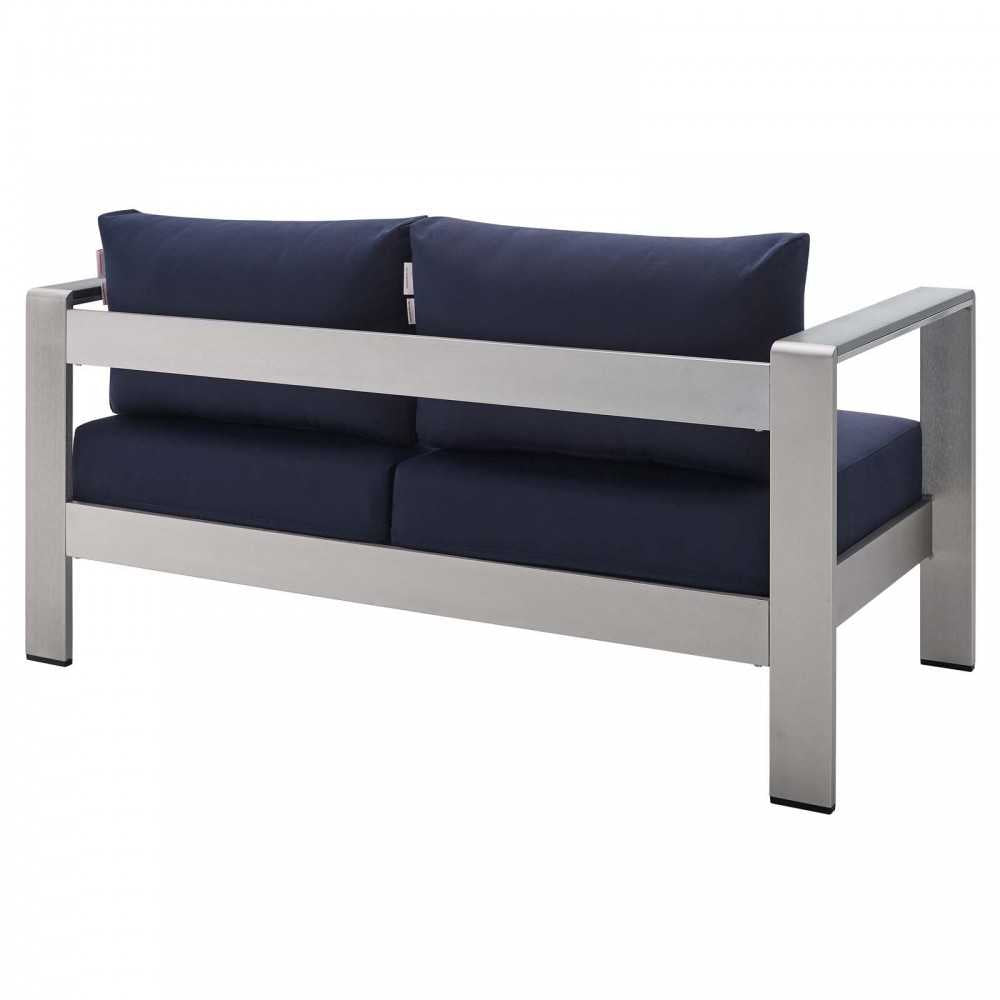 Shore Sunbrella Fabric Outdoor Patio Aluminum 7 Piece Set, Silver Navy