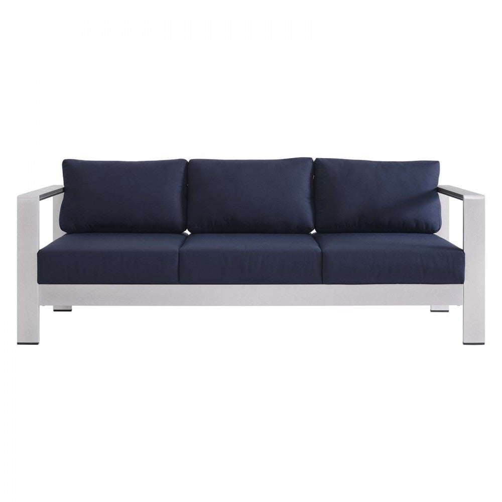 Shore Sunbrella Fabric Outdoor Patio Aluminum 7 Piece Set, Silver Navy