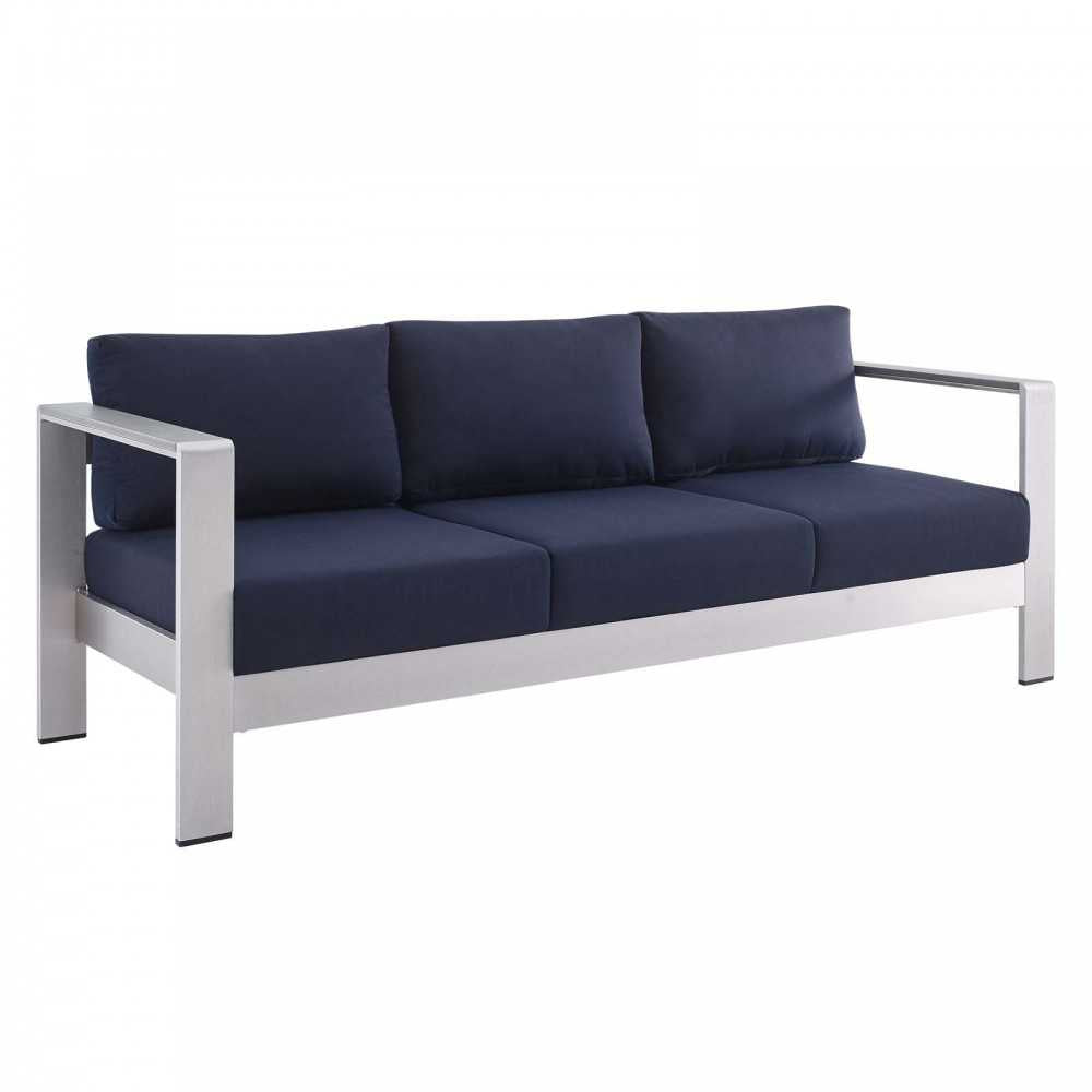 Shore Sunbrella Fabric Outdoor Patio Aluminum 7 Piece Set, Silver Navy