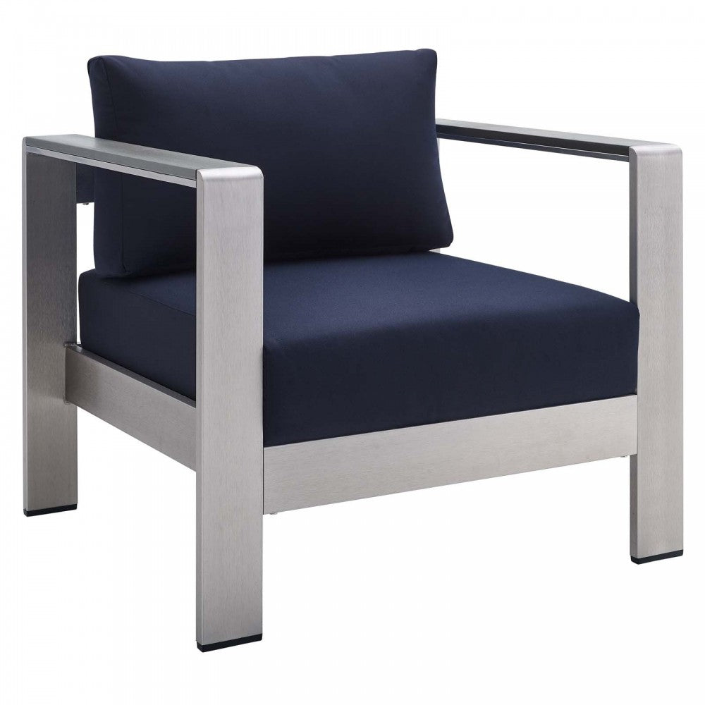 Shore Sunbrella Fabric Outdoor Patio Aluminum 7 Piece Set, Silver Navy