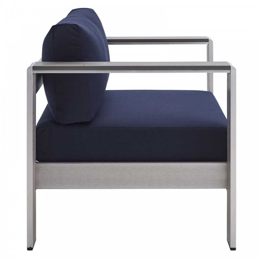 Shore Sunbrella Fabric Outdoor Patio Aluminum 7 Piece Set, Silver Navy