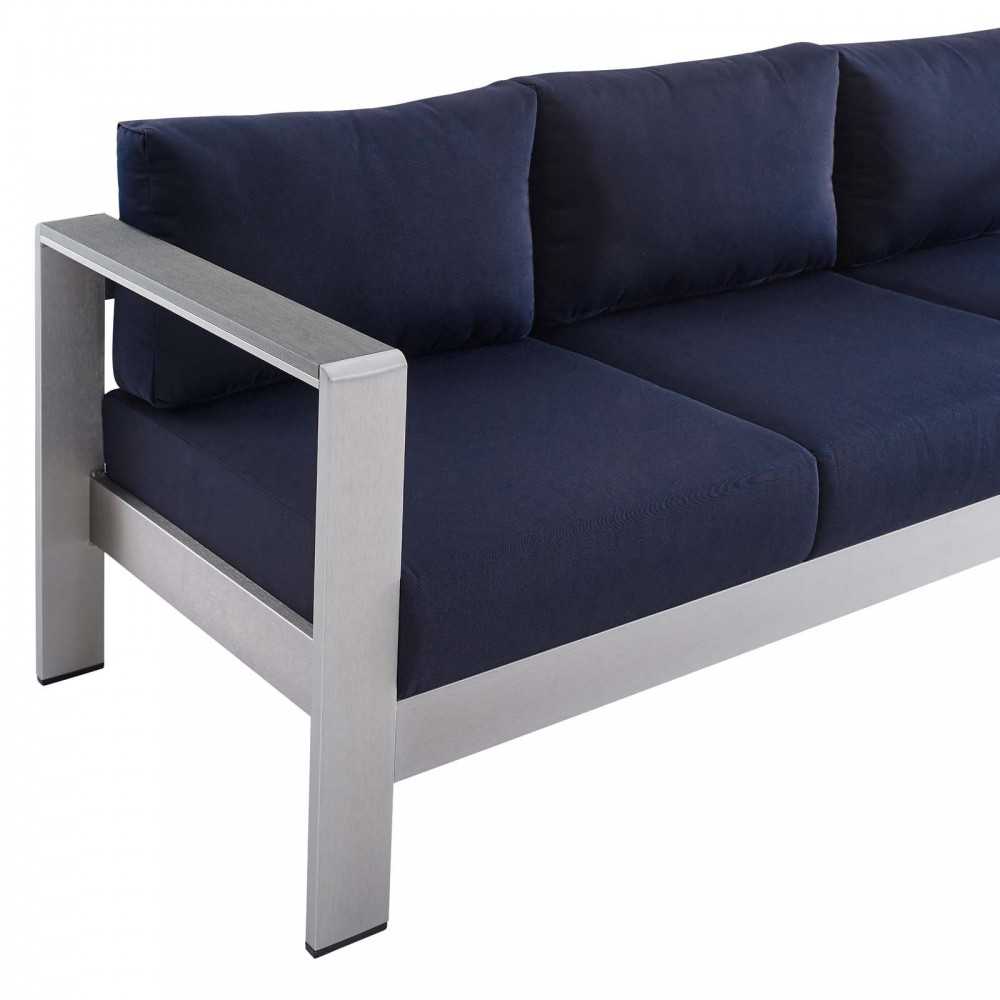 Shore Sunbrella Fabric Outdoor Patio Aluminum 7 Piece Set, Silver Navy