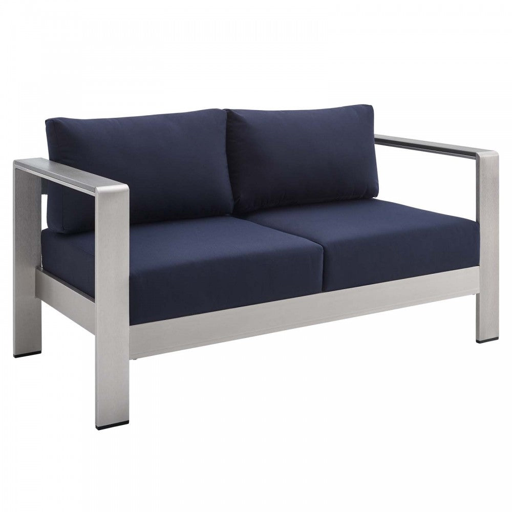 Shore Sunbrella Fabric Outdoor Patio Aluminum 7 Piece Set, Silver Navy
