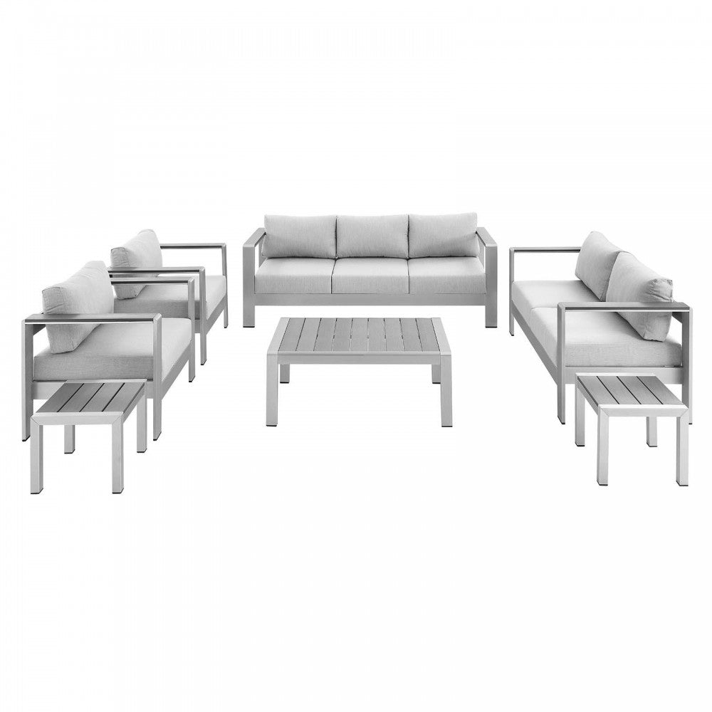 Shore Sunbrella Fabric Outdoor Patio Aluminum 7 Piece Set, Silver Gray