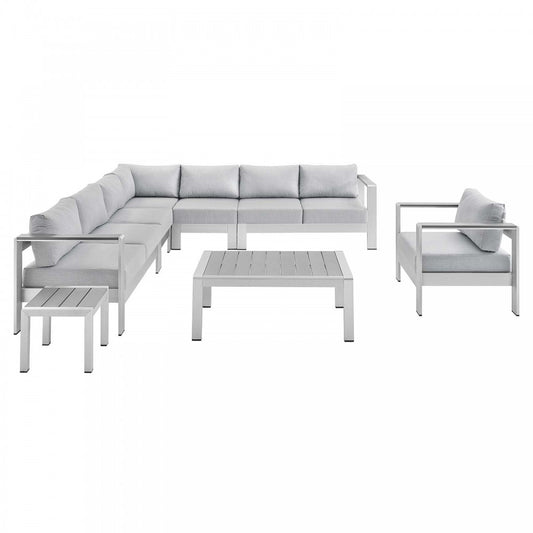 Shore Sunbrella Fabric Outdoor Patio Aluminum 8 Piece Sectional Sofa Set, Silver Gray, EEI-4321-SLV-GRY-SET