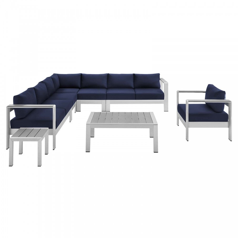 Shore Sunbrella Fabric Outdoor Patio Aluminum 8 Piece Sectional Sofa Set, Silver Navy, EEI-4321-SLV-NAV-SET