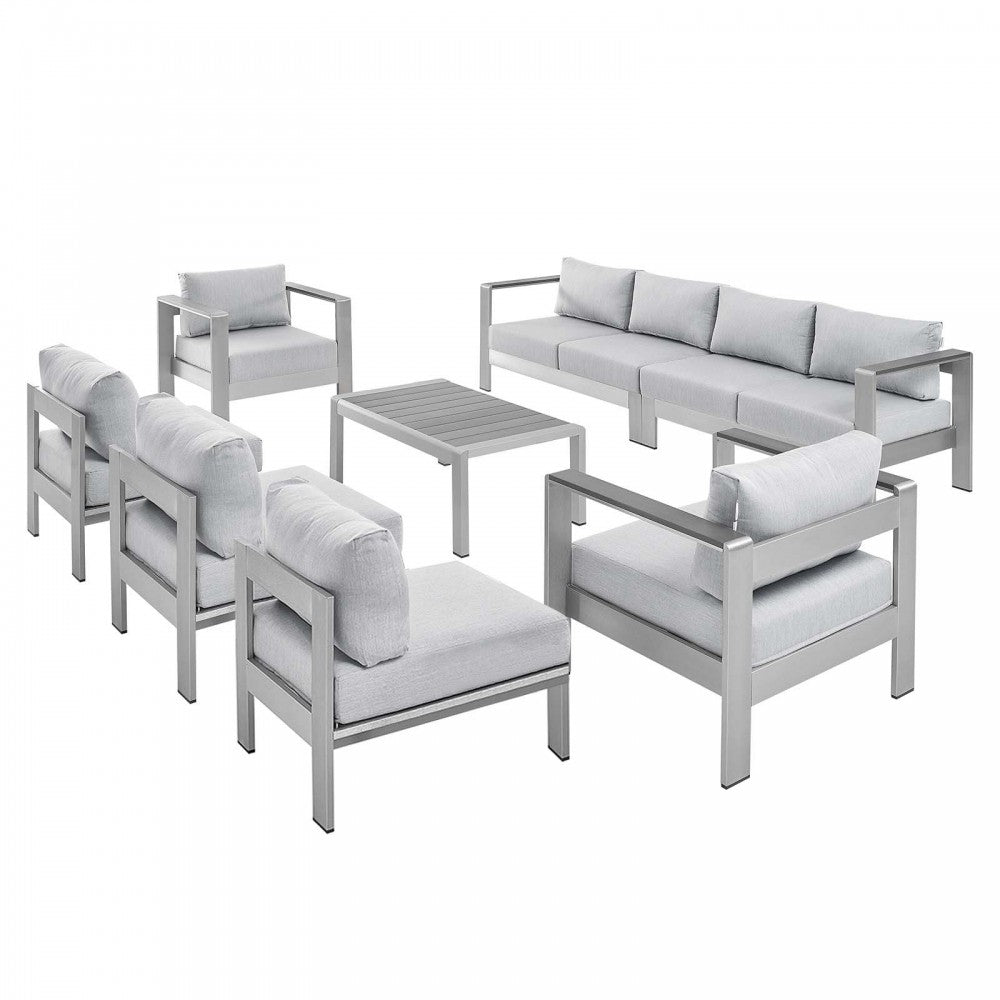 Shore Sunbrella Fabric Outdoor Patio Aluminum 8 Piece Sectional Sofa Set, Silver Gray, EEI-5482-SLV-GRY-SET