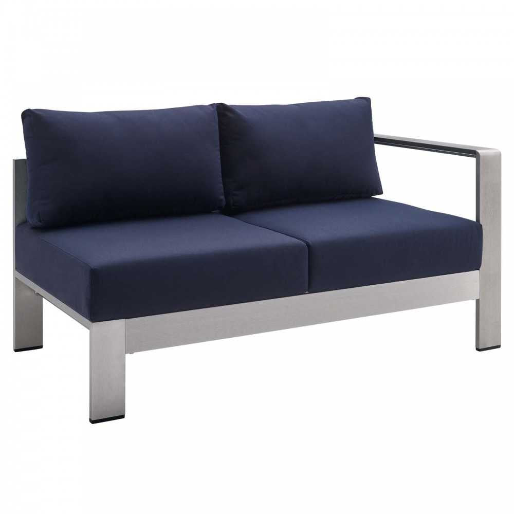 Shore Sunbrella Fabric Outdoor Patio Aluminum 8 Piece Sectional Sofa Set, Silver Navy, EEI-5482-SLV-NAV-SET