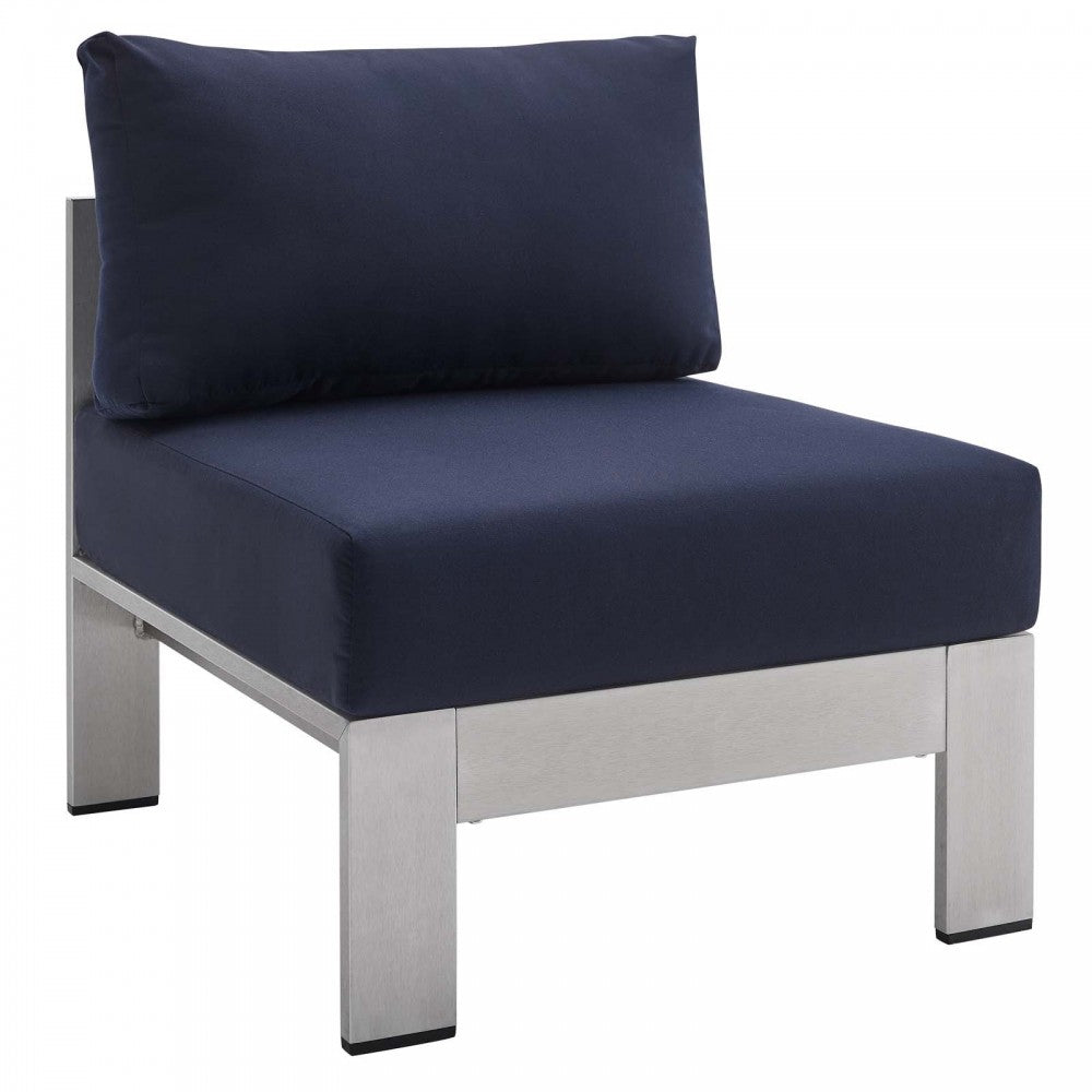 Shore Sunbrella Fabric Outdoor Patio Aluminum 8 Piece Sectional Sofa Set, Silver Navy, EEI-5482-SLV-NAV-SET