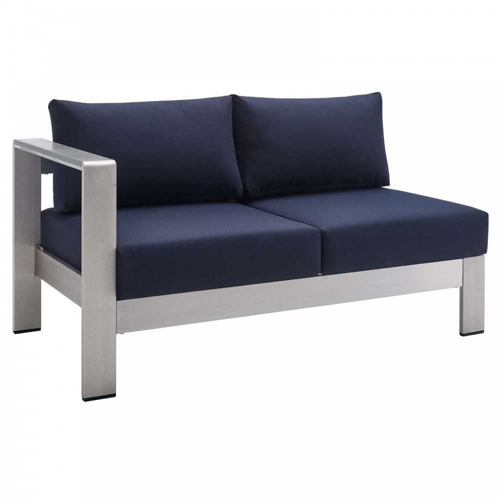 Shore Sunbrella Fabric Outdoor Patio Aluminum 8 Piece Sectional Sofa Set, Silver Navy, EEI-5482-SLV-NAV-SET