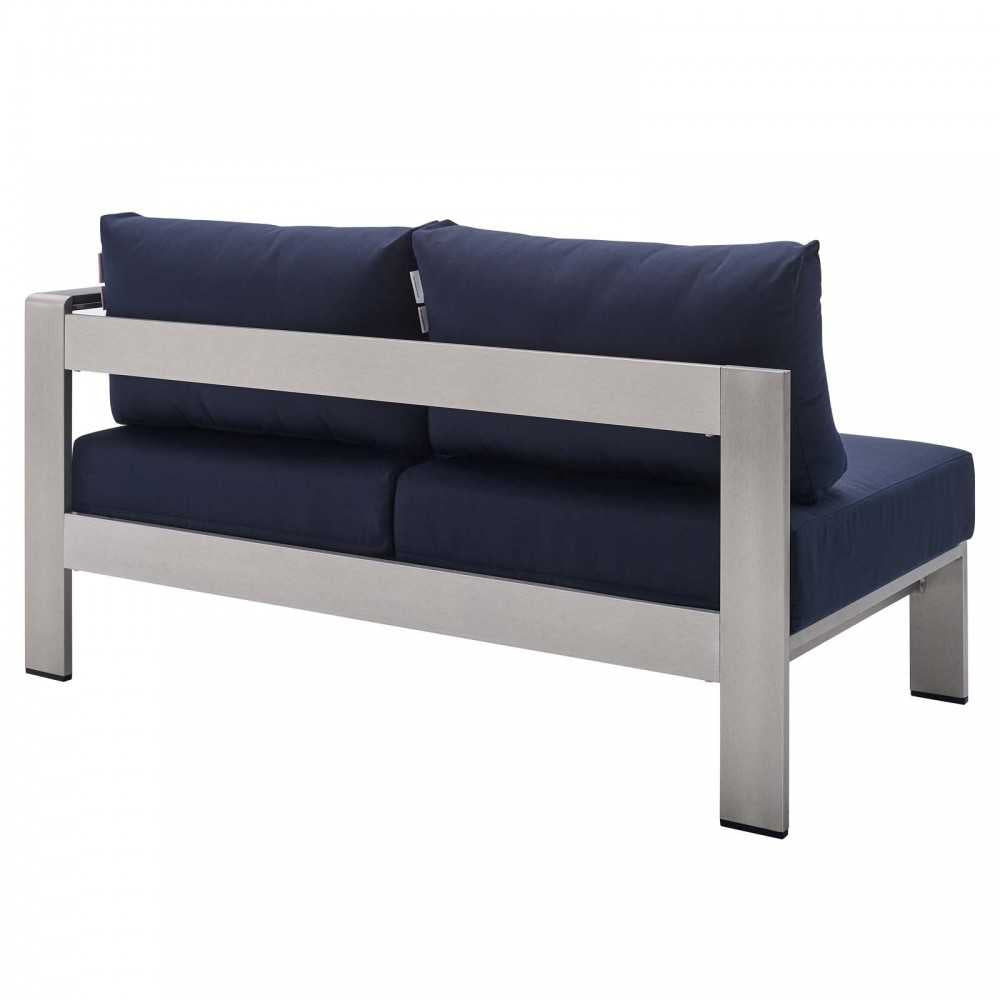 Shore Sunbrella Fabric Outdoor Patio Aluminum 8 Piece Sectional Sofa Set, Silver Navy, EEI-5482-SLV-NAV-SET
