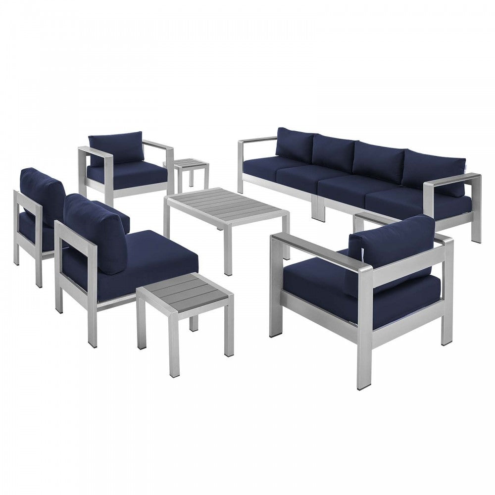 Shore Sunbrella Fabric Outdoor Patio Aluminum 9 Piece Sectional Sofa Set, Silver Navy