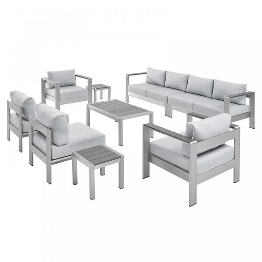Shore Sunbrella Fabric Outdoor Patio Aluminum 9 Piece Sectional Sofa Set, Silver Gray