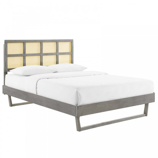 Sidney Cane and Wood Full Platform Bed With Angular Legs, Gray