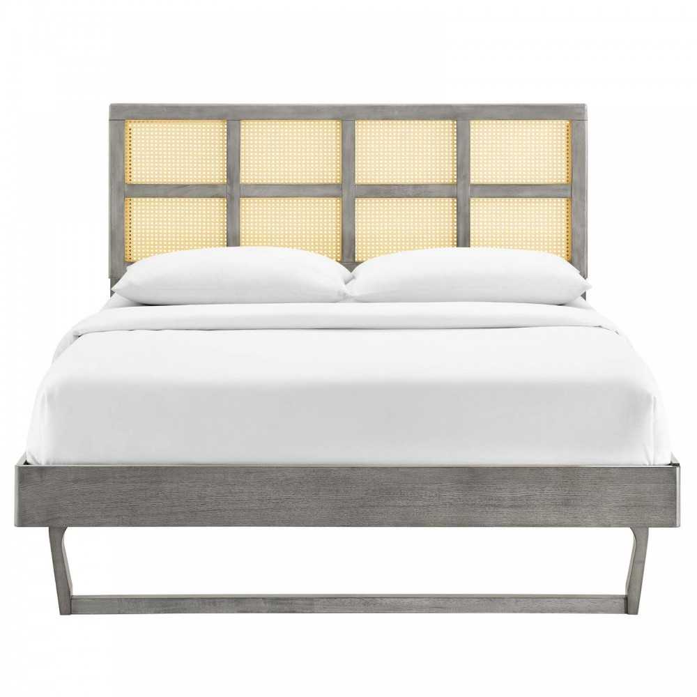 Sidney Cane and Wood Full Platform Bed With Angular Legs, Gray