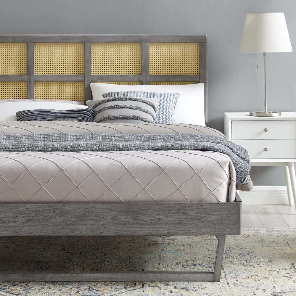 Sidney Cane and Wood Full Platform Bed With Angular Legs, Gray