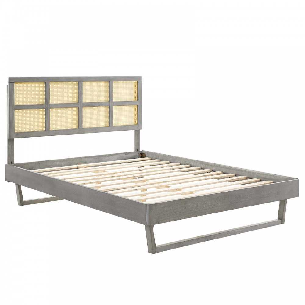 Sidney Cane and Wood Full Platform Bed With Angular Legs, Gray