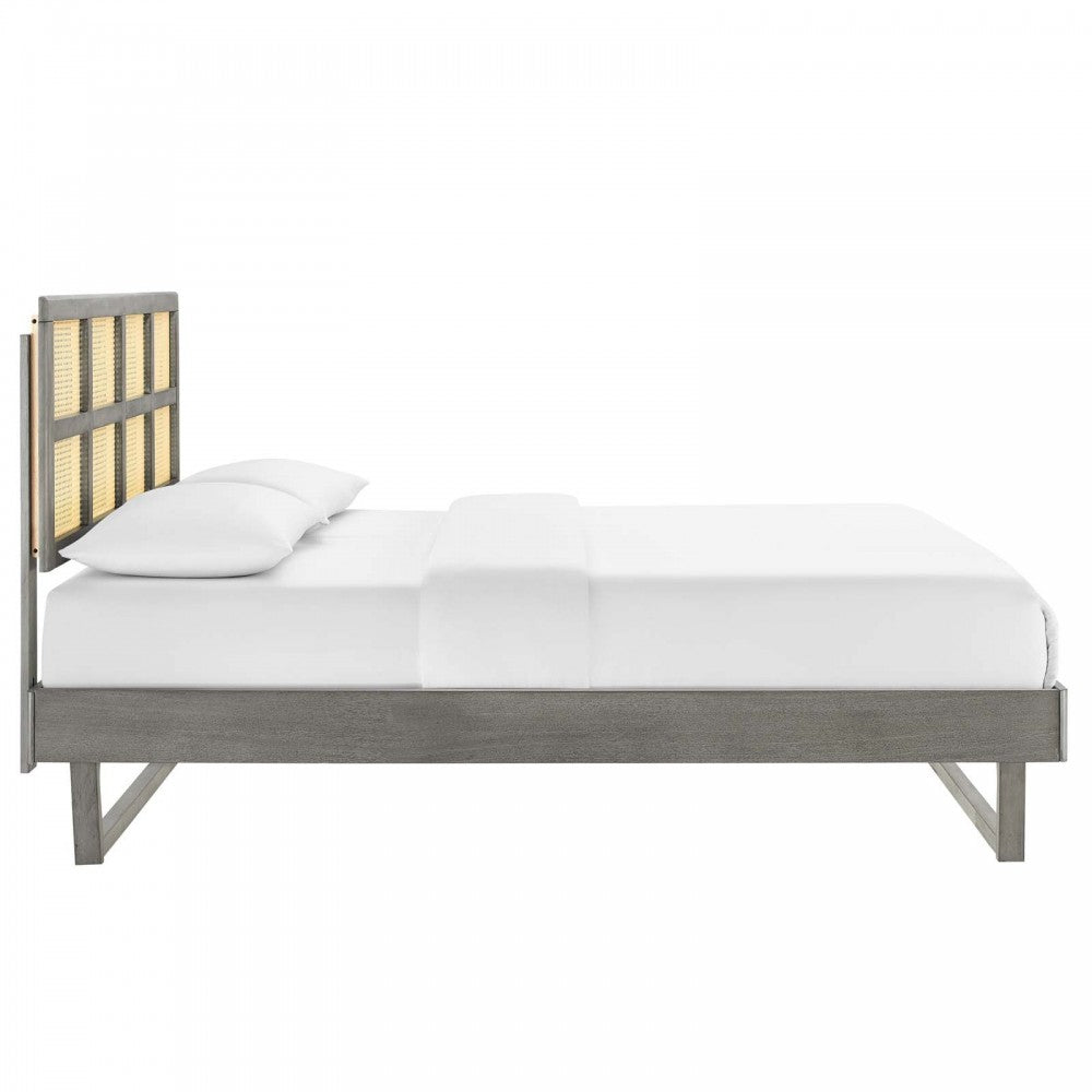 Sidney Cane and Wood Full Platform Bed With Angular Legs, Gray