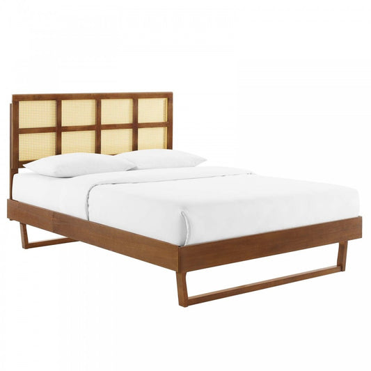 Sidney Cane and Wood Full Platform Bed With Angular Legs, Walnut