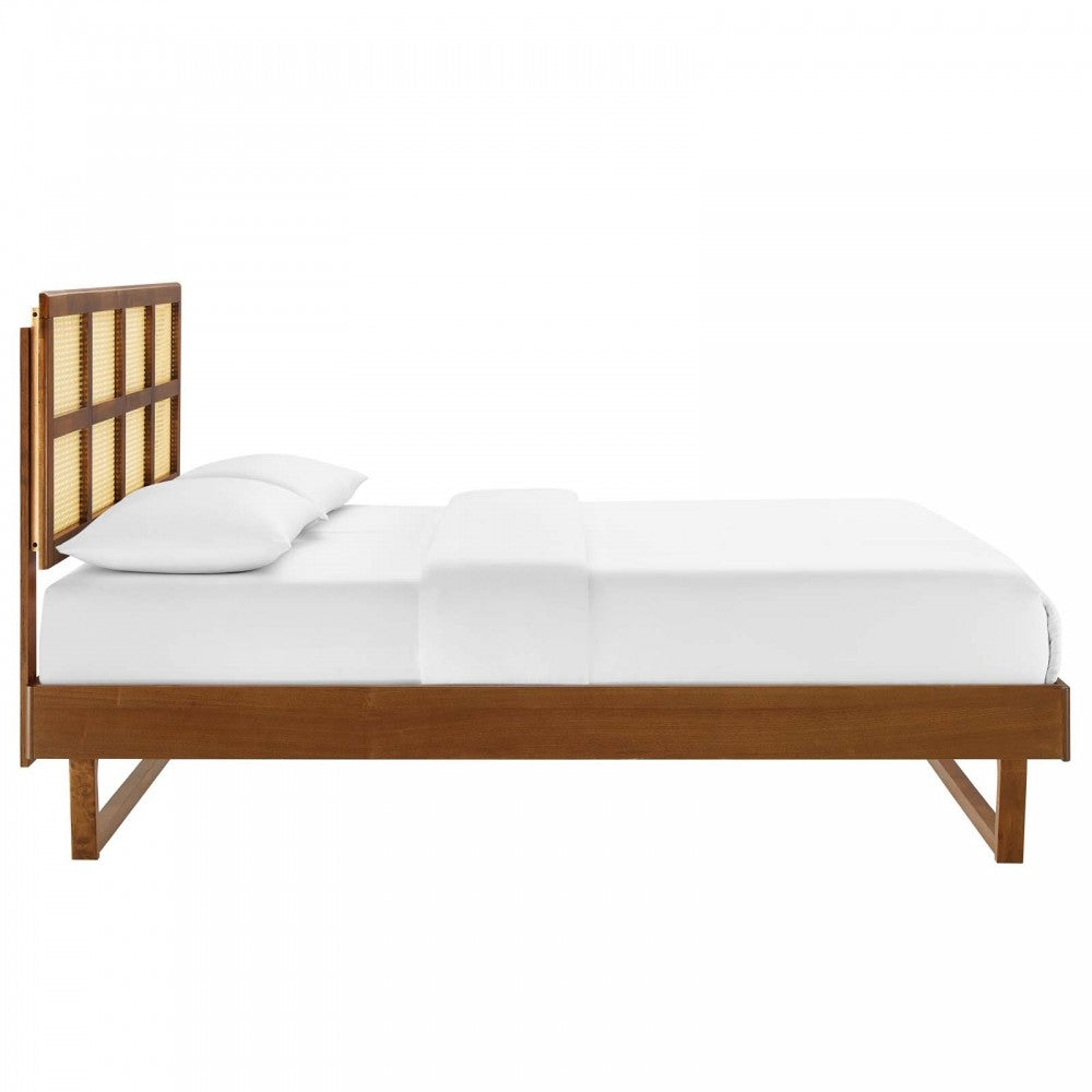 Sidney Cane and Wood Full Platform Bed With Angular Legs, Walnut