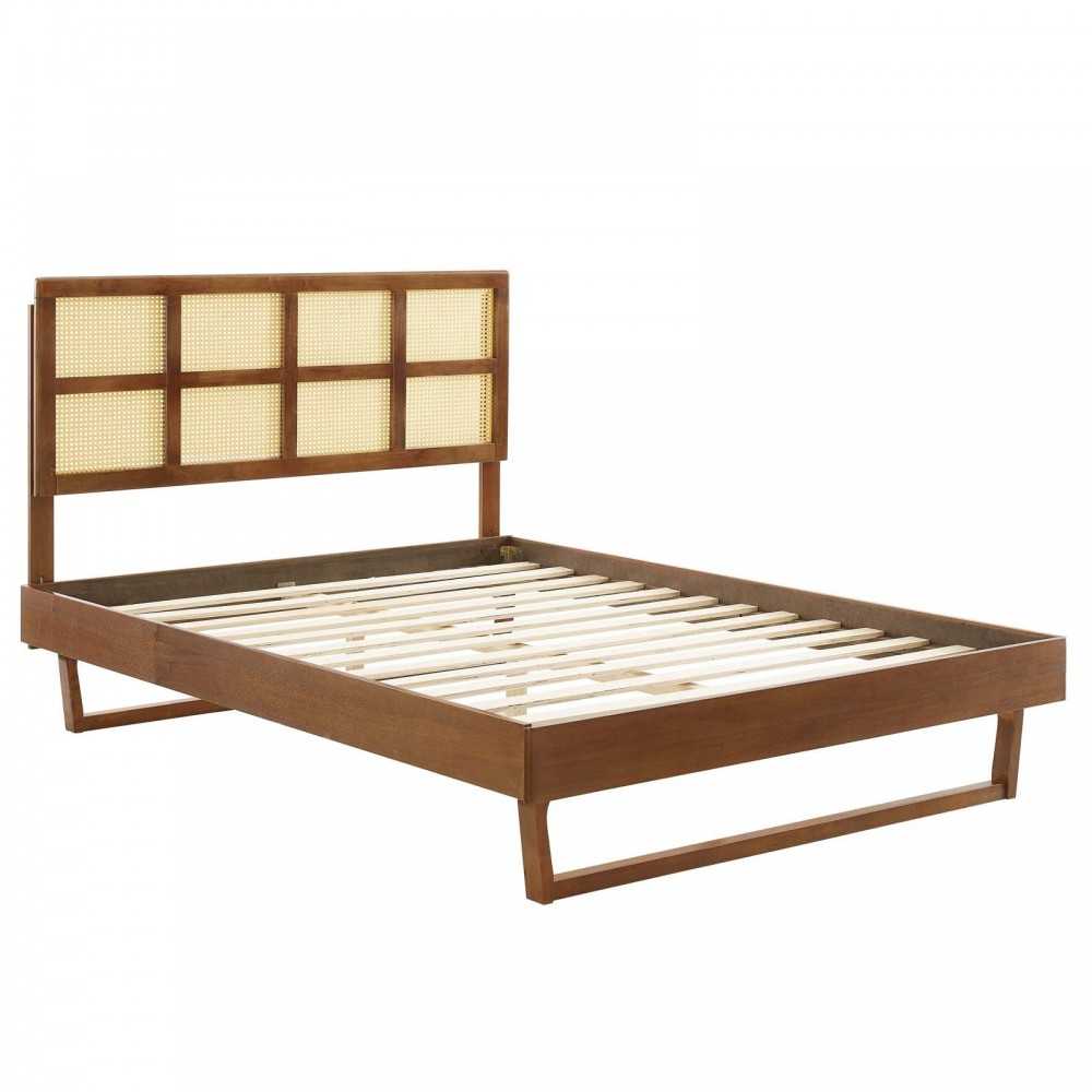 Sidney Cane and Wood Full Platform Bed With Angular Legs, Walnut