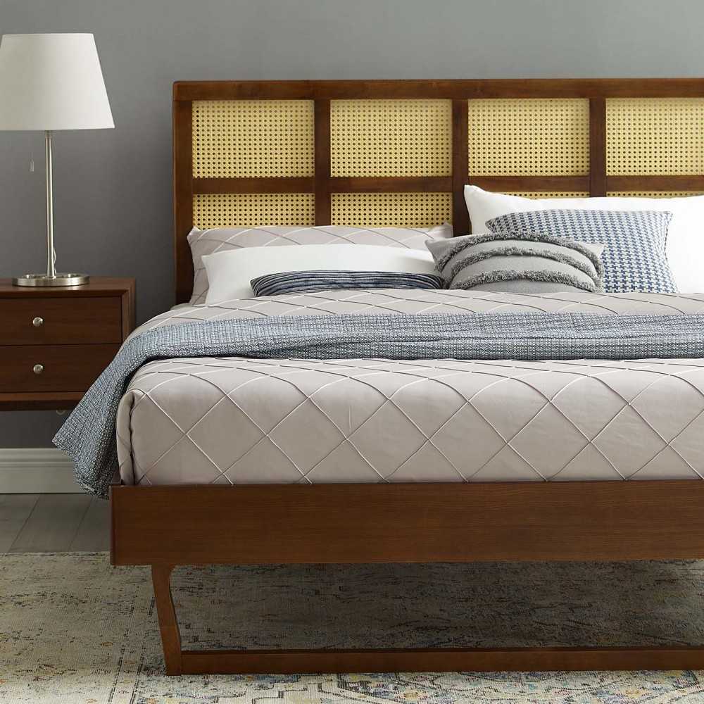 Sidney Cane and Wood Full Platform Bed With Angular Legs, Walnut