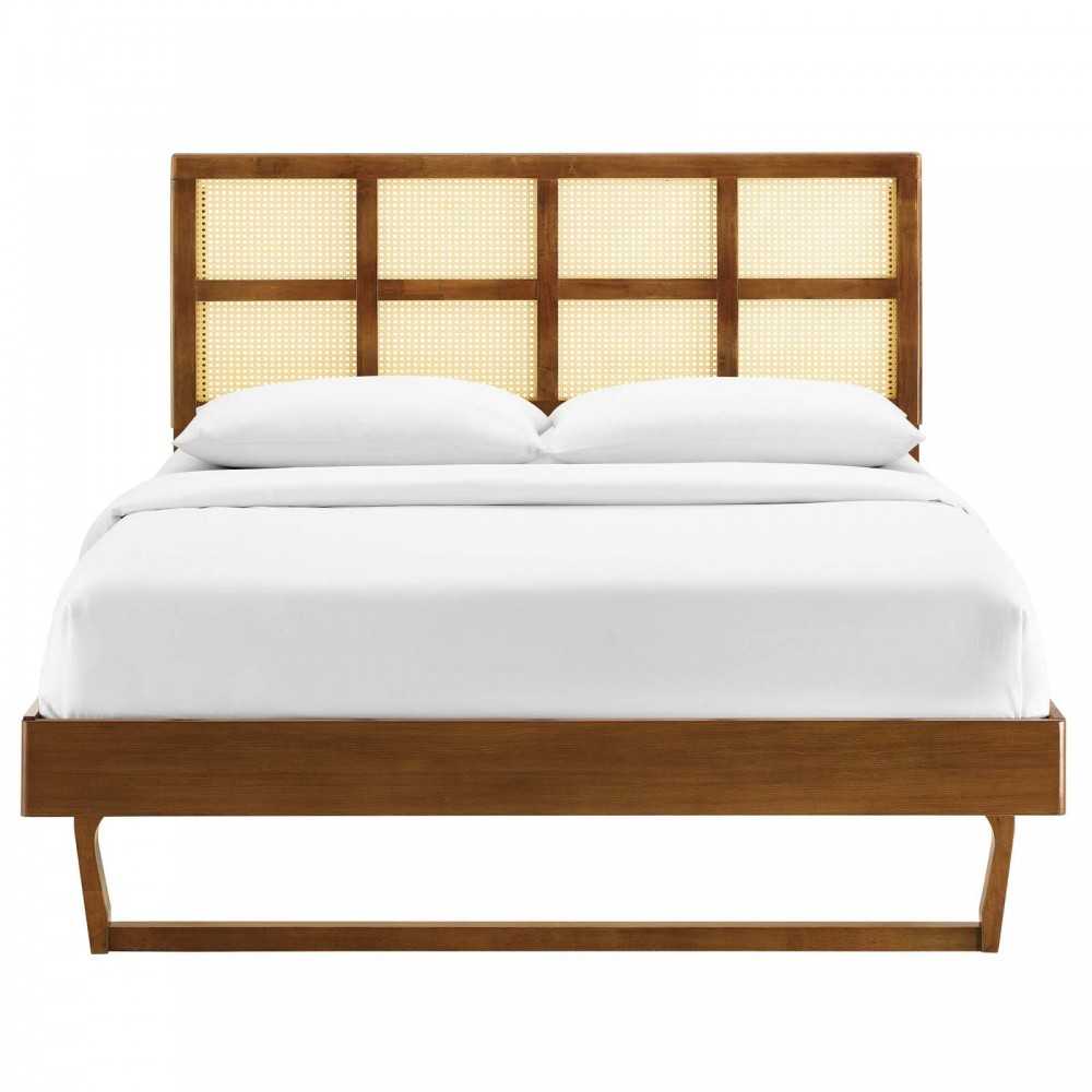 Sidney Cane and Wood Full Platform Bed With Angular Legs, Walnut