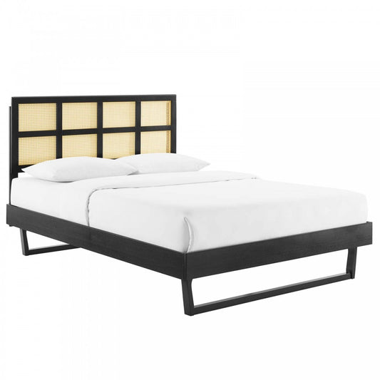 Sidney Cane and Wood Full Platform Bed With Angular Legs, Black